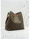 LOUIS VUITTON NEONOE MM BAG IN BROWN MONOGRAM CANVAS & RED COWHIDE LEATHER