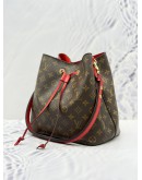 LOUIS VUITTON NEONOE MM BAG IN BROWN MONOGRAM CANVAS & RED COWHIDE LEATHER