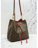 LOUIS VUITTON NEONOE MM BAG IN BROWN MONOGRAM CANVAS & RED COWHIDE LEATHER