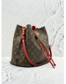 LOUIS VUITTON NEONOE MM BAG IN BROWN MONOGRAM CANVAS & RED COWHIDE LEATHER