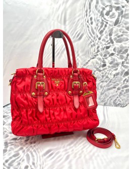 (LIKE NEW) PRADA TESSUTO GAUFRE TOTE BAG IN ROSE RED WITH LONG STRAP 