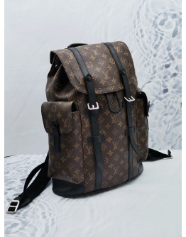 (LIKE NEW) LOUIS VUITTON CHRISTOPHER MM BROWN MONOGRAM MACASSAR CANVAS WITH BLACK LEATHER BACKPACK