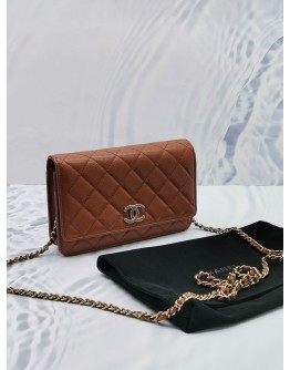 (LIKE NEW) 2023 MICROCHIP CHANEL CC CARAMEL BROWN SHINY QUILTED CAVIAR LEATHER WALLET ON CHAIN BAG