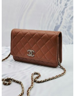 (LIKE NEW) 2023 MICROCHIP CHANEL CC CARAMEL BROWN SHINY QUILTED CAVIAR LEATHER WALLET ON CHAIN BAG