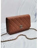 (LIKE NEW) 2023 MICROCHIP CHANEL CC CARAMEL BROWN SHINY QUILTED CAVIAR LEATHER WALLET ON CHAIN BAG