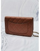 (LIKE NEW) 2023 MICROCHIP CHANEL CC CARAMEL BROWN SHINY QUILTED CAVIAR LEATHER WALLET ON CHAIN BAG