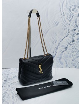 (LIKE NEW) 2022 YSL SAINT LAURENT LOULOU SMALL IN BLACK CHEVRON QUILTED LAMBSKIN LEATHER GOLD CHAIN BAG