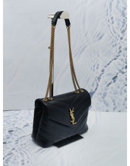 (LIKE NEW) 2022 YSL SAINT LAURENT LOULOU SMALL IN BLACK CHEVRON QUILTED LAMBSKIN LEATHER GOLD CHAIN BAG