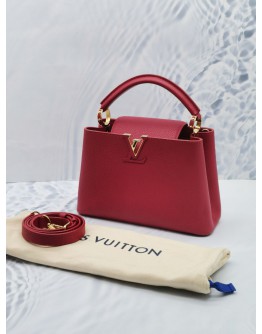 (LIKE NEW) 2021 LOUIS VUITTON CAPUCINES BB SCARLET GRAINED TAURILLON LEATHER TOP HANDLE BAG WITH REMOVABLE STRAP 