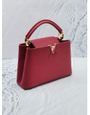 (LIKE NEW) 2021 LOUIS VUITTON CAPUCINES BB SCARLET GRAINED TAURILLON LEATHER TOP HANDLE BAG WITH REMOVABLE STRAP 