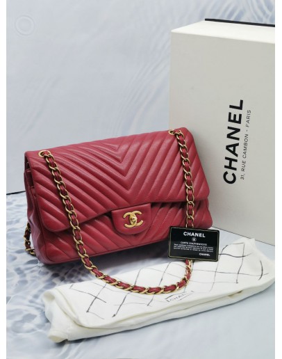 CHANEL CLASSIC JUMBO SIZE DOUBLE FLAP CHEVRON LAMBSKIN LEATHER WITH GOLD HARDWARE CHAIN BAG YEAR 2016 -FULL SET