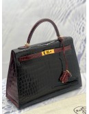 (LIKE NEW) HERMES LIMITED EDITION KELLY 32 HSS (AKA HORSESHOE OR CUSTOM) TWO TONE BLACK & MAROON CROCODILE LEATHER GHW 