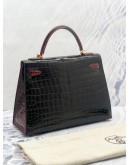 (LIKE NEW) HERMES LIMITED EDITION KELLY 32 HSS (AKA HORSESHOE OR CUSTOM) TWO TONE BLACK & MAROON CROCODILE LEATHER GHW 