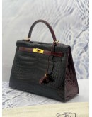 (LIKE NEW) HERMES LIMITED EDITION KELLY 32 HSS (AKA HORSESHOE OR CUSTOM) TWO TONE BLACK & MAROON CROCODILE LEATHER GHW 