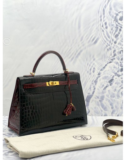 (LIKE NEW) HERMES LIMITED EDITION KELLY 32 HSS (AKA HORSESHOE OR CUSTOM) TWO TONE BLACK & MAROON CROCODILE LEATHER GHW 