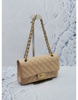 (LIKE NEW) CHANEL CLASSIC MEDIUM FLAP BAG BEIGE CAVIAR LEATHER GOLD CHAIN HARDWARE SHOULDER BAG