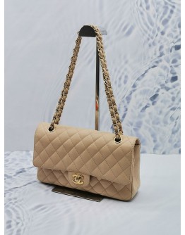 (LIKE NEW) CHANEL CLASSIC MEDIUM FLAP BAG BEIGE CAVIAR LEATHER GOLD CHAIN HARDWARE SHOULDER BAG