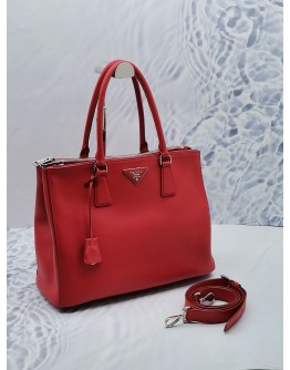 PRADA HOT RED VITELLO LEATHER LARGE GALLERIA DOUBLE ZIP TOTE BAG 