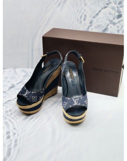 LOUIS VUITTON MONOGRAM DENIM GRAND BLUE  FORMENTERA WEDGE PUMPS SIZE 35 1/2