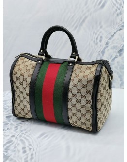 GUCCI GG WEB BOSTON BAG WITH RED GREEN STRIPE WITH ADJUSTABLE STRAP 