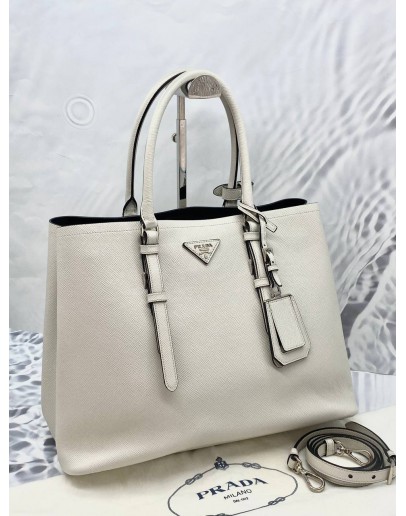 (LIKE NEW) PRADA IN WHITE SAFFIANO LEATHER CUIR TWIN TOTE BAG WITH STRAP