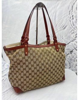 GUCCI CRAFT GM TOTE BAG IN BEIGE BROWN GG CANVAS & CALFSKIN LEATHER