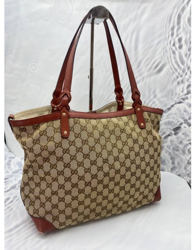 GUCCI CRAFT GM TOTE BAG IN BEIGE BROWN GG CANVAS & CALFSKIN LEATHER