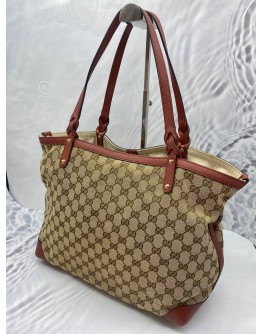 GUCCI CRAFT GM TOTE BAG IN BEIGE BROWN GG CANVAS & CALFSKIN LEATHER