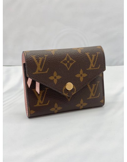 (LIKE NEW) LOUIS VUITTON VICTORINE WALLET IN BROWN MONOGRAM CANVAS & ROSE BALLERINE PINK COWHIDE LEATHER