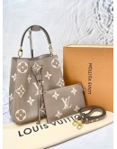 (LIKE NEW) 2022 MICROCHIP LOUIS VUITTON NEONOE MM IN TOURTURELLE CREME BICOLOR MONOGRAM IMPREINTE LEATHER -FULL SET-