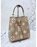 (LIKE NEW) 2022 MICROCHIP LOUIS VUITTON NEONOE MM IN TOURTURELLE CREME BICOLOR MONOGRAM IMPREINTE LEATHER -FULL SET-