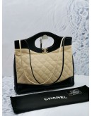 (LIKE NEW) 2019 CHANEL BEIGE QUILTED & BLACK CALFSKIN LEATHER MEDIUM 31 HANDLE / SHOULDER TOTE SHOPPING BAG 