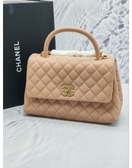 (UNWORN) CHANEL MEDIUM COCO HANDLE QUILTED CAVIAR LEATHER IN BEIGE PINK MATTE GOLD HARDWARE YEAR 2018 -FULL SET-