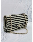 CHANEL LIMITED 2014 MEDIUM COCO SAILOR JERSEY BLACK / WHITE STRIPE DOUBLE FLAP BAG WITH PEARL STRAP