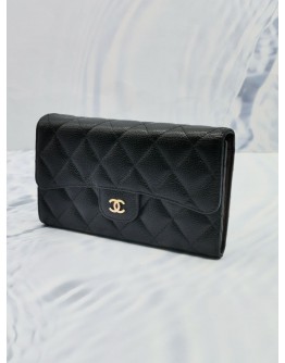 CHANEL FLAP LONG WALLET BLACK CAVIAR LEATHER WITH GOLD HARDWARE 