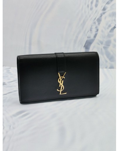 YSL SAINT LAURENT LONG FLAP WALLET IN BLACK LAMBSKIN LEATHER WITH GOLD YSL HARDWARE 