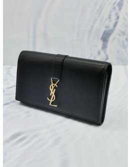 YSL SAINT LAURENT LONG FLAP WALLET IN BLACK LAMBSKIN LEATHER WITH GOLD YSL HARDWARE 