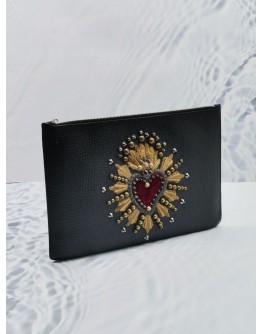 DOLCE & GABBANA BLACK CALFSKIN LEATHER CLUTCH WITH HEART PATCH 