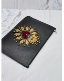 DOLCE & GABBANA BLACK CALFSKIN LEATHER CLUTCH WITH HEART PATCH 