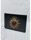 DOLCE & GABBANA BLACK CALFSKIN LEATHER CLUTCH WITH HEART PATCH 