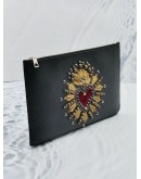 DOLCE & GABBANA BLACK CALFSKIN LEATHER CLUTCH WITH HEART PATCH 