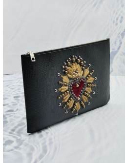 DOLCE & GABBANA BLACK CALFSKIN LEATHER CLUTCH WITH HEART PATCH 