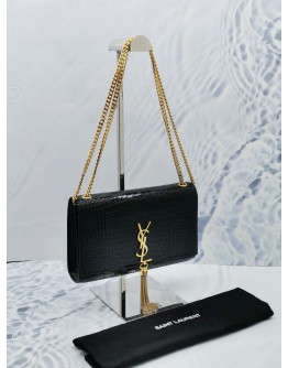 (LIKE NEW) 2019 YSL SAINT LAURENT MEDIUM TASSEL IN GRAIN DE POUDRE CROCODILE EMBOSSED LEATHER BLACK CHAIN BAG