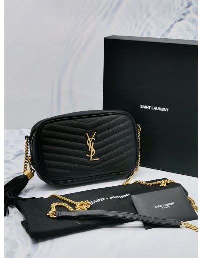 (UNUSED) 2022 YSL SAINT LAURENT MINI LOU IN BLACK QUILTED GRAIN LEATHER CROSSBODY CHAIN BAG -FULL SET-