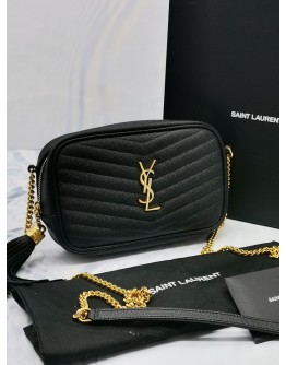 (UNUSED) 2022 YSL SAINT LAURENT MINI LOU IN BLACK QUILTED GRAIN LEATHER CROSSBODY CHAIN BAG -FULL SET-