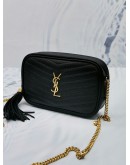 (UNUSED) 2022 YSL SAINT LAURENT MINI LOU IN BLACK QUILTED GRAIN LEATHER CROSSBODY CHAIN BAG -FULL SET-