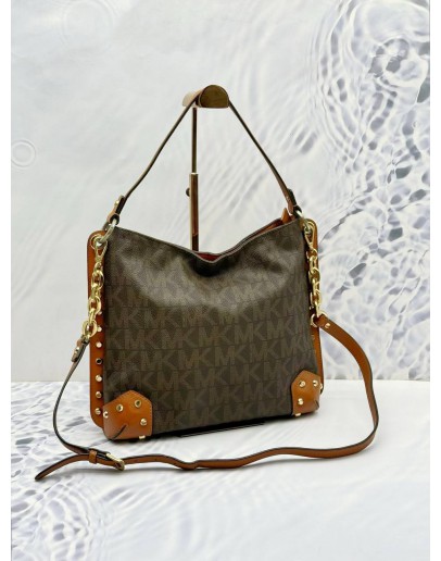 MICHAEL KORS SERENA SHOULDER & CROSSBODY BAG IN DARK BROWN SIGNATURE CANVAS & LIGHT BROWN CALFSKIN LEATHER