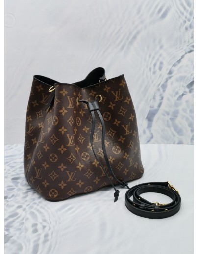 LOUIS VUITTON NEONOE BROWN MONOGRAM CANVAS WITH BLACK LEATHER TRIM AND LONG STRAP