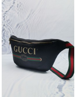 GUCCI BLACK GRAINED LEATHER LOGO PRINT WEB BUMBAG 