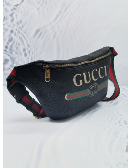 GUCCI BLACK GRAINED LEATHER LOGO PRINT WEB BUMBAG 